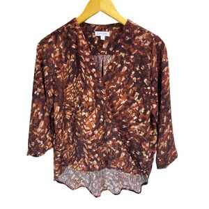 Prologue Womens XS Abstract Print Faux Wrap V-Neck Blouse Rust Brown 3/4 Sleeve